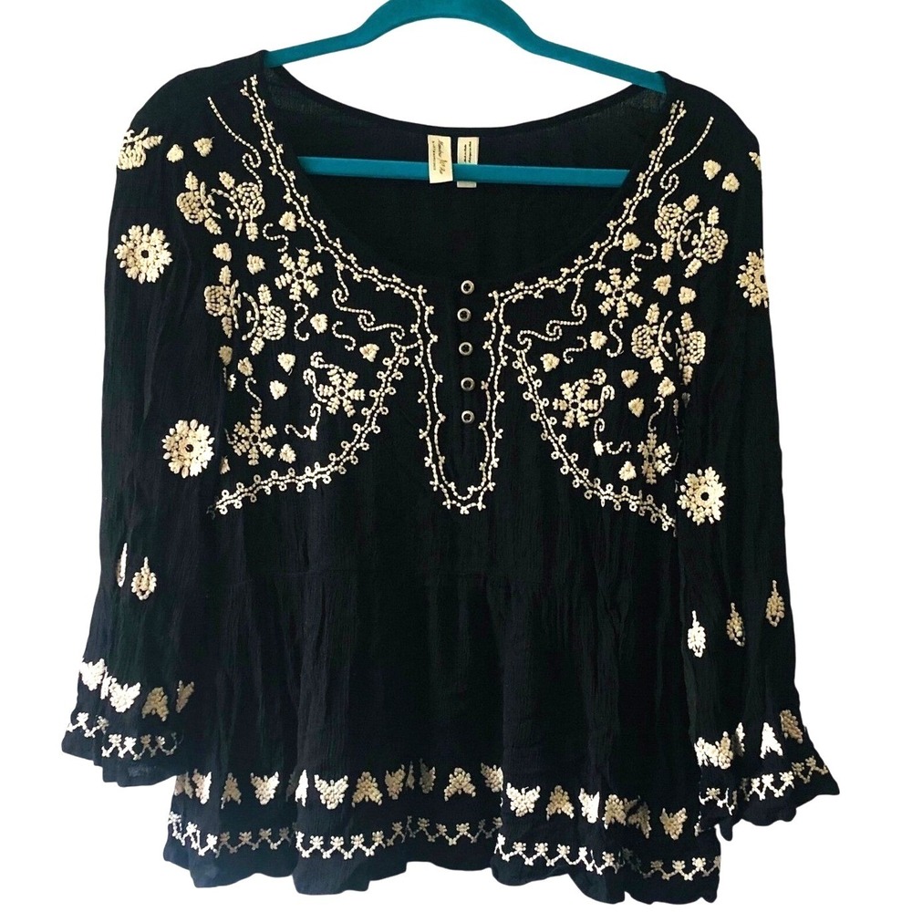 Anthropologie Meadow Rue Black Embroidered  Boho Peasant Top Floral Womens Small